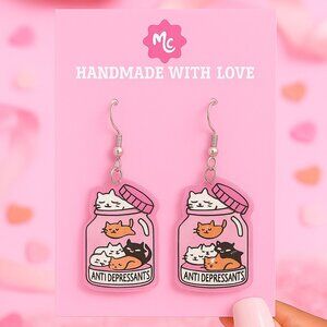 Cute Cat Jar Earrings | Anti Depressants Kitty Statement Jewelry
